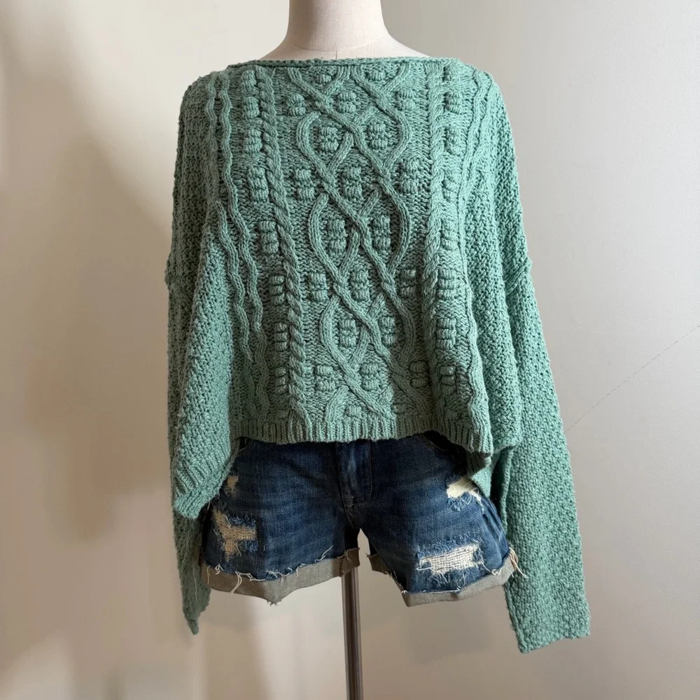 NEW! Free People White Spruce Cable Knit-M-Changing Tides Green Pullover Sweater